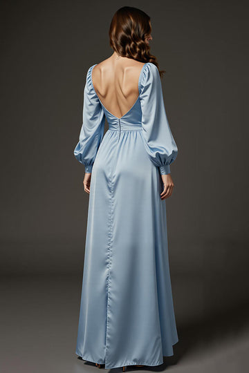 Robe longue formelle à manches en satin bleu clair Sweetheart